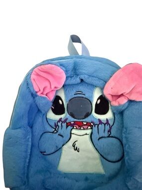 Blue Plush Character Kids Backpack with Pink Ear Accents